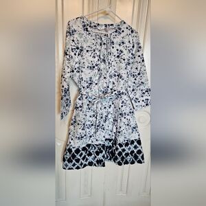 Kaktus White Floral Tie-Waist Dress with Navy Border